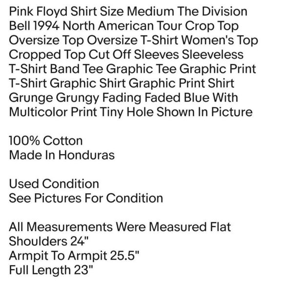 Pink Floyd Shirt Size Medium The Division Bell 1994 North American Tour Crop Top - Picture 2 of 9